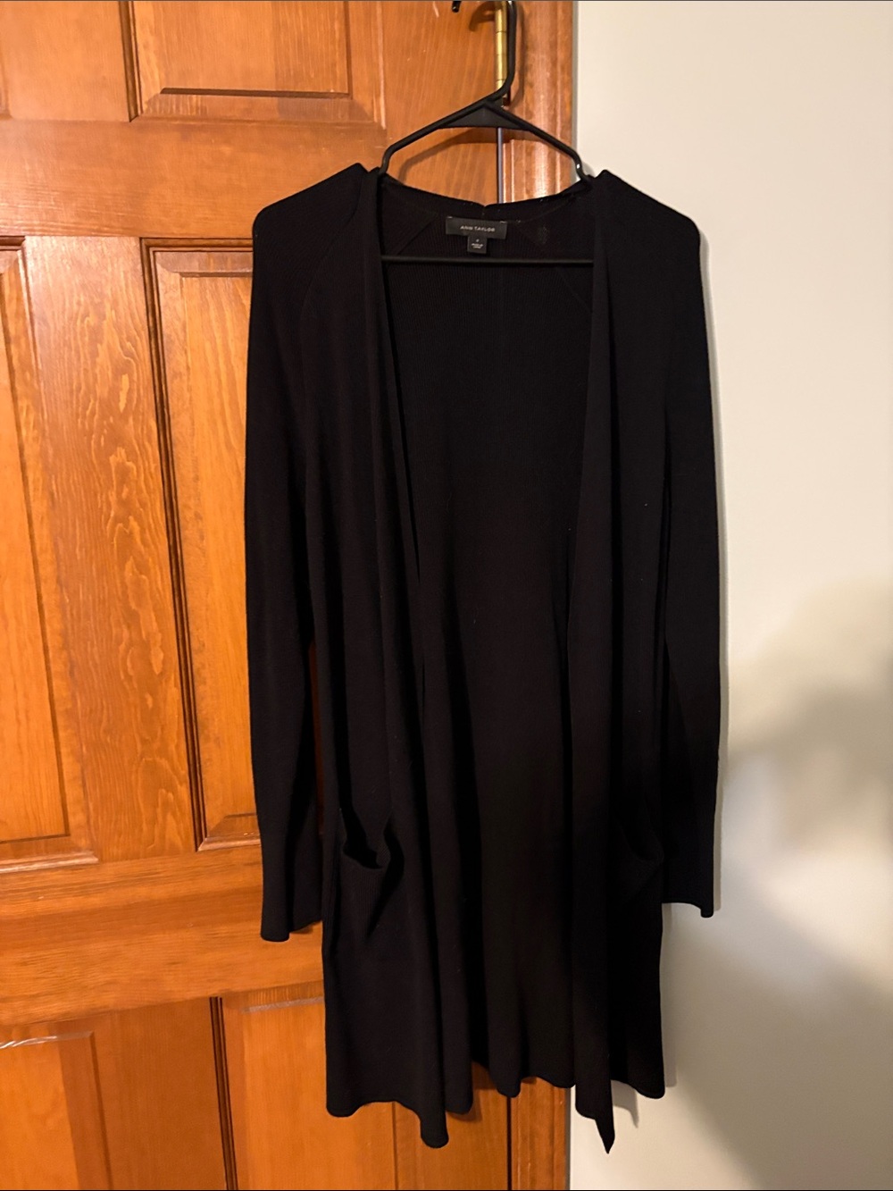 Ann Taylor Black Open-Front Long Cardigan with Draped Hem in small size
